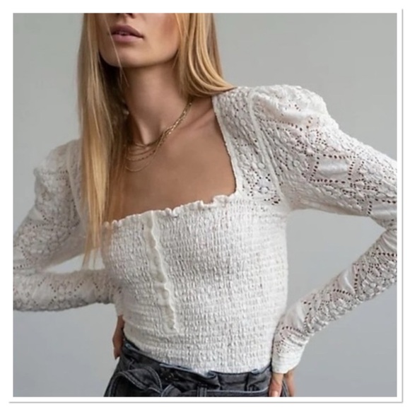 Free People Smocked Lace Confection Top Long Sleeve Ivory Size XL - Picture 3 of 12